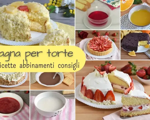 Collage di torte e ingredienti per bagna per pan di spagna: torte decorate, fragole, arance, gelatina, creme e sciroppi.