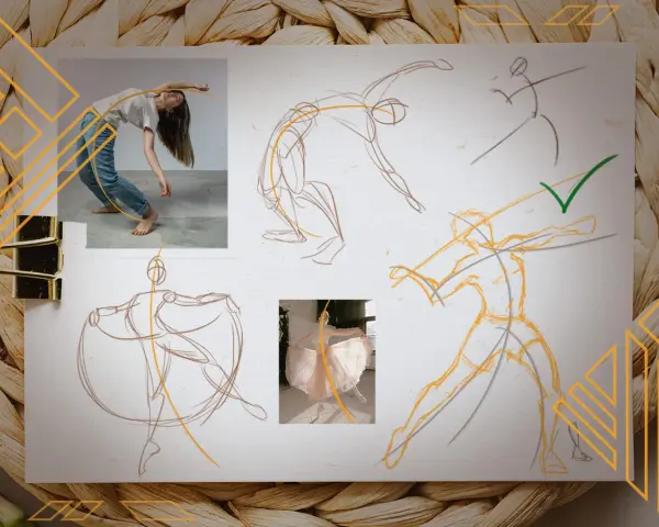 Étude de mouvement pour un lexique dessin : croquis de danseurs inspirés de photos, capturant la fluidité des poses.