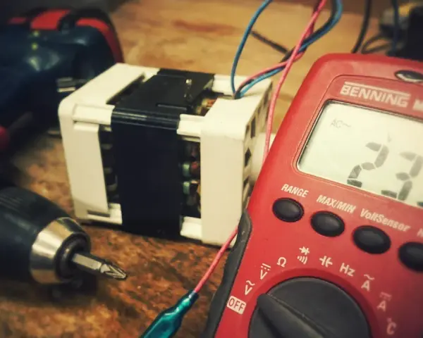 Narzędzia i transformator, potencjalne odpady elektroniczne, czekają na diagnozę multimetrem.