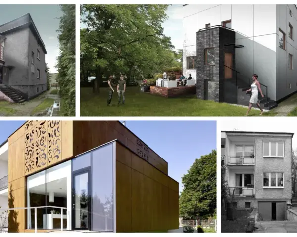 Kolaż zdjęć: stary dom kostka PRL, nowoczesna architektura, ludzie w ogrodzie, kobieta w białej sukience.