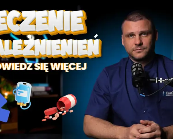 Leczenie uzależnień: mężczyzna w kitlu przed mikrofonem, ikony medyczne i tabletki. Dowiedz się więcej o terapii.