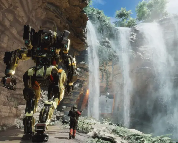Ogromny mech i pilot stoją przy wodospadzie. Fani zastanawiają się, kiedy **Titanfall 3** ujrzy światło dzienne.