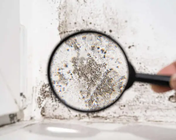 Lupe enthüllt dunklen schimmel in der wohnung an einer weißen wand.