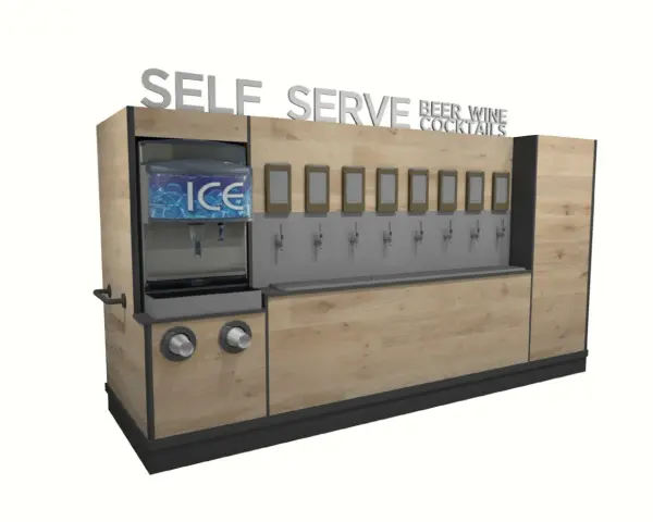 Nowoczesny drink bar zamiast barmana: samoobsługowe nalewaki do piwa, wina i koktajli, z dystrybutorem lodu.