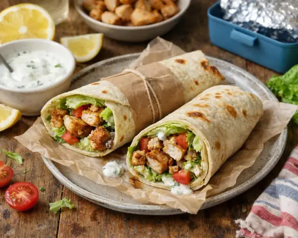 Deux wraps poulet savoureux, garnis de poulet croustillant, salade et tomates, prêts à être dégustés. Une recette wrap poulet facile et rapide.