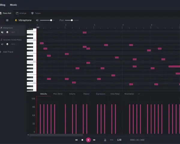 Program do tworzenia muzyki, gdzie widać sekwencję nut na wibrafonie i pianinie. Ten melody maker pozwala na komponowanie utworów.
