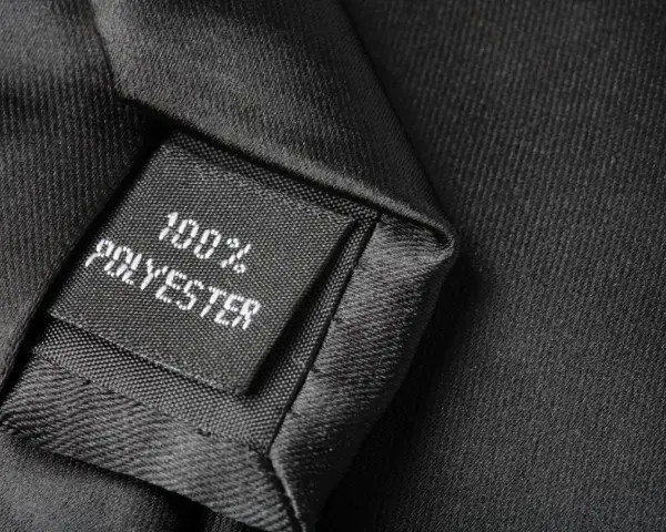 Czarna metka z napisem "100% POLYESTER" na tle eleganckiego materiału. Czy poliester to dobry materiał?