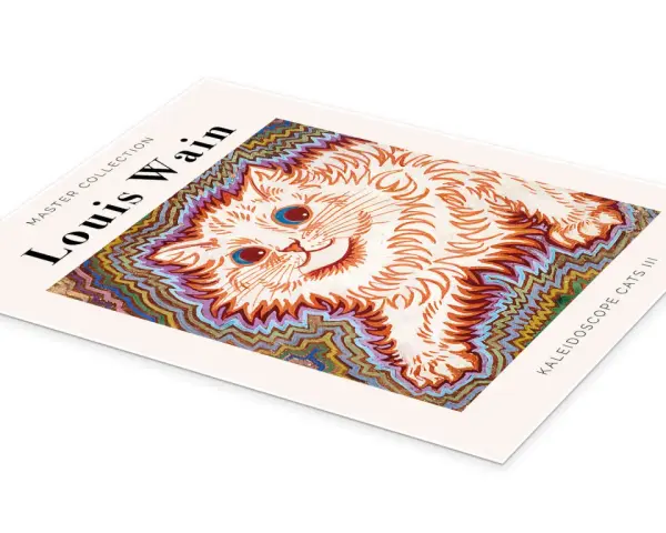 Un chat blanc aux yeux bleus, dans le style psychédélique des louis wain cats, entouré d'un motif kaléidoscopique.