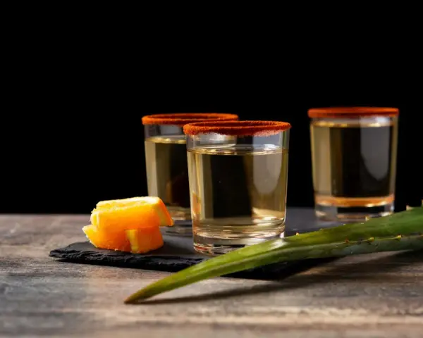 Trzy kieliszki z tequila i mezcal, ozdobione solą chili, obok pomarańczy i liścia agawy.