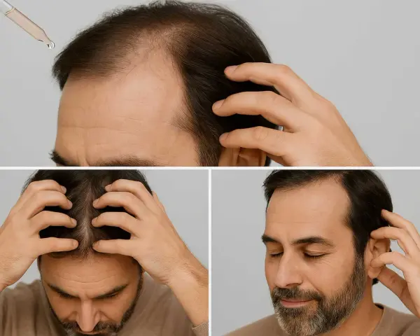 Man applicerar serum i hårbotten för att motverka håravfall. Bilden visar steg för steg hur applicerar man serum.