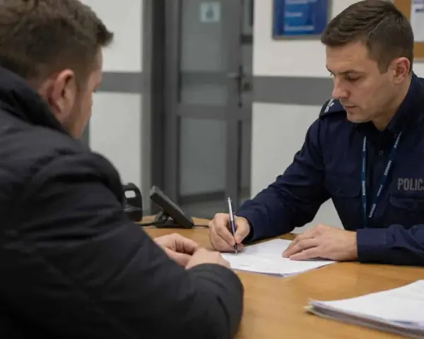 Policjant w mundurze spisuje dokumenty. Dowiedz się, jak sprawdzić status sprawy na policji, aby uzyskać potrzebne informacje.