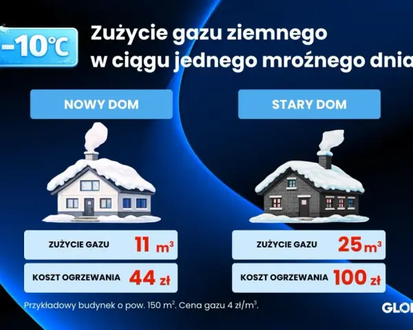 Porównanie zużycia gazu i kosztów ogrzewania w nowym i starym domu podczas mroźnego dnia. Ceny gazu są kluczowe dla budżetu.