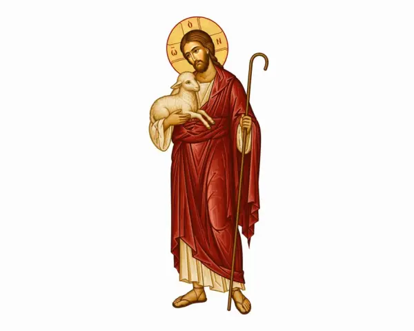 Jezus dobry pasterz, trzymający na rękach jagnię i laskę pasterską. Wokół głowy ma złoty nimb.
