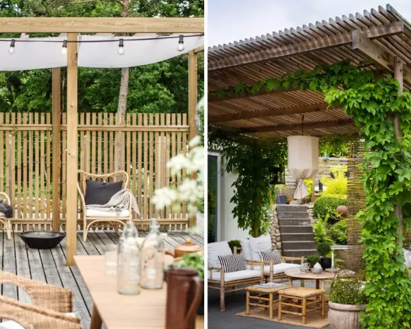 Två mysiga uteplatser med pergola inspiration. En med vit markis och ljusslinga, den andra med klätterväxter och bambuskärm.