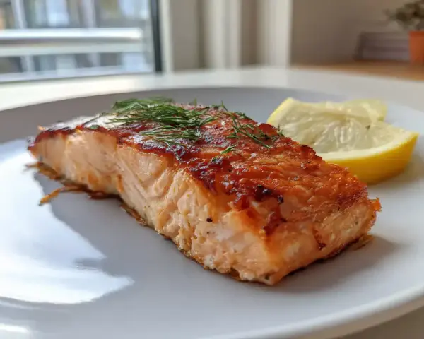 En saftig laxfilé med krispig yta, toppad med dill och serverad med citronklyftor. Perfekt lax med citronsås!