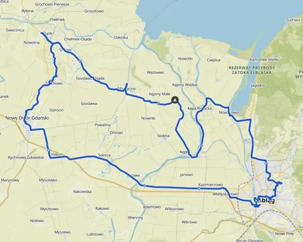 Mapa z zaznaczonymi trasami rowerowymi wokół Elbląga, prowadzącymi przez malownicze tereny Żuław i Rezerwatu Przyrody Zatoka Elbląska.