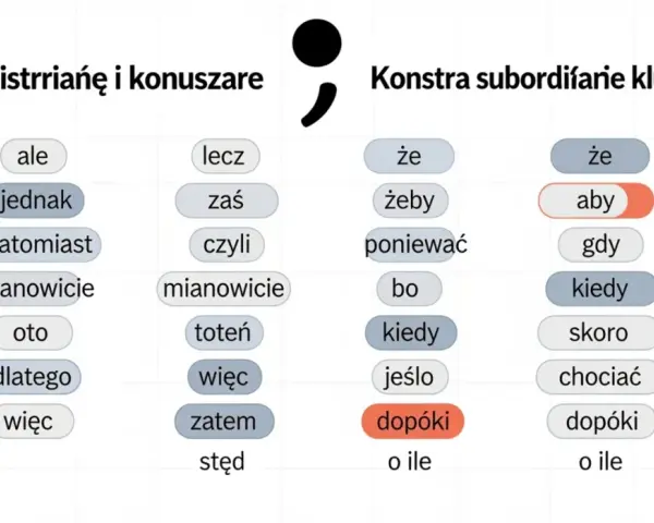 Tabela z wyrazami, które pomagają zrozumieć, czy przed danym słowem, np. "aby", stawiamy przecinek.
