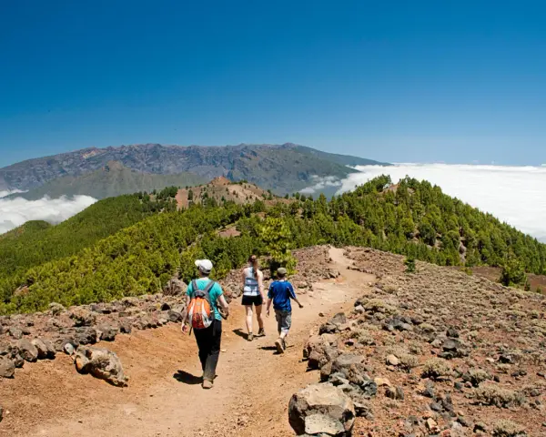 Senderos la Palma: tres personas caminan por un sendero rocoso con vistas a montañas cubiertas de pinos y un mar de nubes.