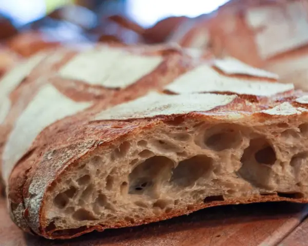 Una fetta di pane con lievito madre, crosta dorata e alveolatura pronunciata.