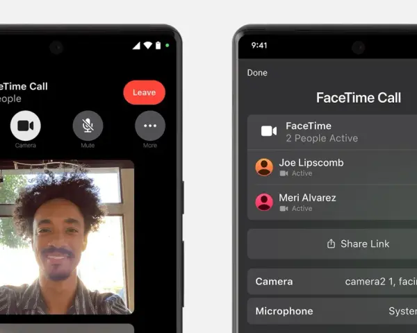 Dwa ekrany telefonu z rozmową FaceTime. Na lewym widać uśmiechniętego mężczyznę, na prawym listę uczestników.