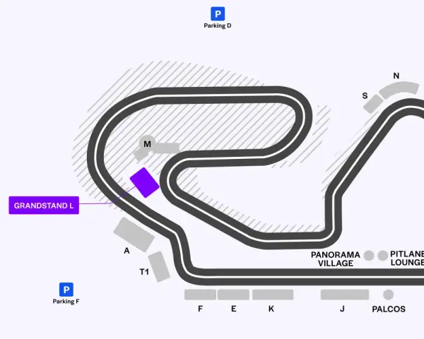 Mapa del circuito de Montmeló, con zonas de aparcamiento (P), gradas (GRANDSTAND L) y áreas de interés para la clasificación F1 Barcelona.