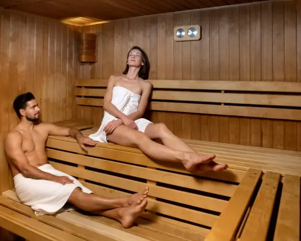 Para relaksu w termach Bukowina: para korzysta z sauny, otulona ręcznikami, w drewnianym wnętrzu.