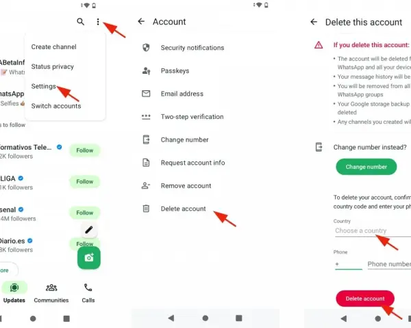 WhatsApp-Menü mit Pfeilen, die auf Einstellungen, Konto löschen und Telefonnummern-Eingabe zeigen.