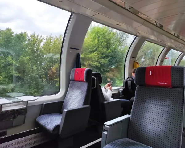 Wnętrze wagonów IC 3806 Malczewski. Siedzenia w pierwszej klasie, widok na zielone drzewa za oknem.