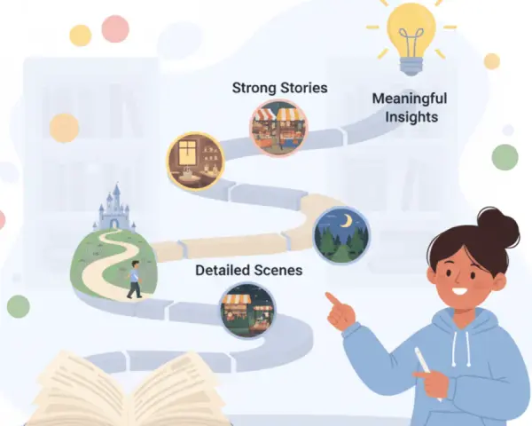 Una chica explica el camino de una **historia narrativa**: desde un castillo hasta escenas detalladas, historias sólidas y, finalmente, ideas significativas.