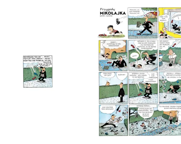 Jak zrobić komiks o Mikołajku? Zobacz, jak tata próbuje posprzątać ogród po jego zabawach z samochodzikami.