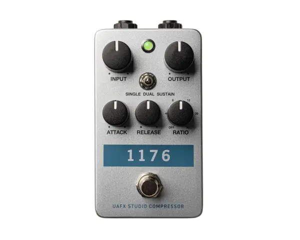 Srebrny efekt gitarowy 1176 compressor z pokrętłami Input, Output, Attack, Release, Ratio i przełącznikiem Single Dual Sustain.