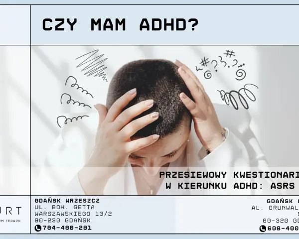 Kobieta z rękami na głowie, otoczona rysunkami symbolizującymi chaos myśli. "Czy mam ADHD?" i informacja o kwestionariuszu ASRS 1.1.
