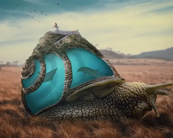 Un escargot géant porte une île avec un phare, abritant des dauphins dans sa coquille. Un montage photo photoshop surréaliste.