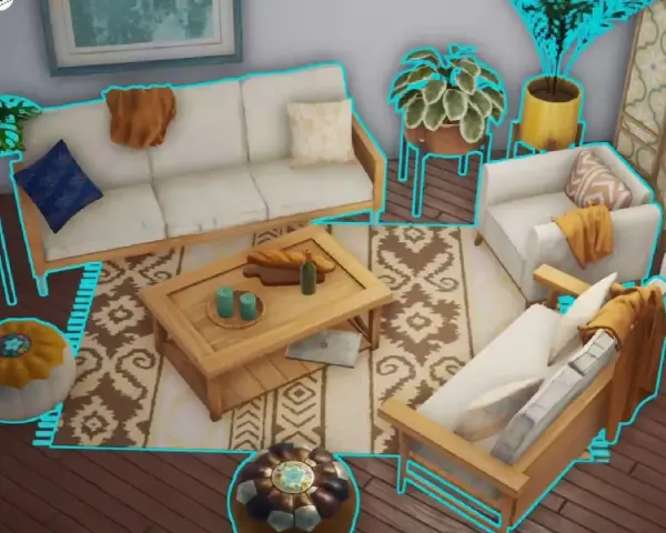 Diseño de sala de estar en Sims 5, con sofás, mesa de centro, plantas y un biombo.
