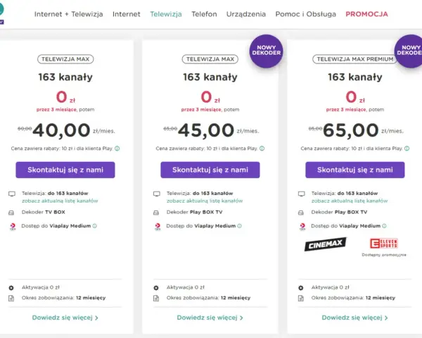 Oferty Play: Telewizja Max z 163 kanałami za 40 zł/mies., Max z dekoderem za 45 zł/mies. i Max Premium za 65 zł/mies. Sprawdź nasze upc pakiety!
