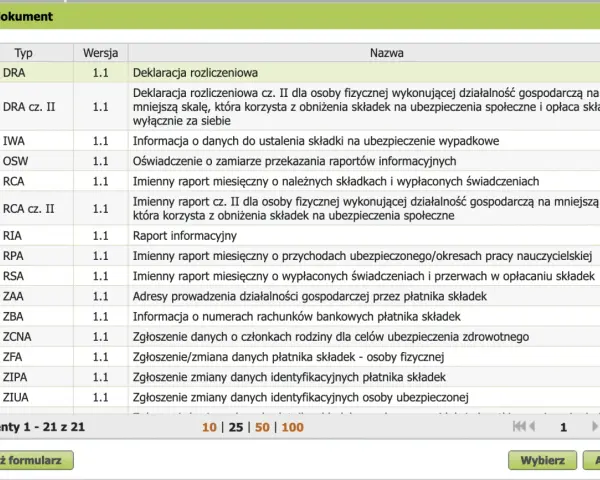 Lista dokumentów ZUS, w tym deklaracja rozliczeniowa ZUS DRA.
