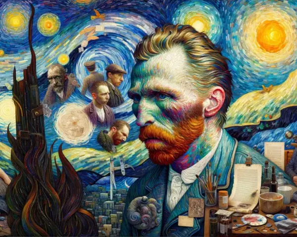 Van Gogh i Paris, omgiven av sina verk och andra konstnärer. En drömsk, virvlande nattscen.
