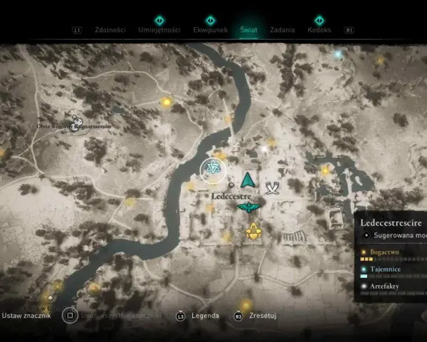 Mapa z gry Assassin's Creed Valhalla. Widoczny obszar Ledecestrescire, z zaznaczonymi punktami bogactwa i tajemnic. Poradnik AC Valhalla.