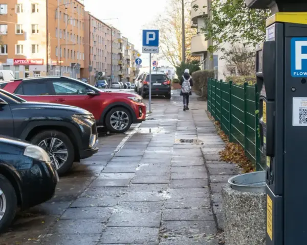Parking w mieście, gdzie można sprawdzić opinię o kierowcy i zapłacić za postój.