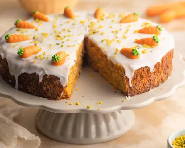 Saftiger Karottenkuchen mit weißer Glasur und Marzipan-Karotten. Ein köstliches Rezept für jeden Anlass!