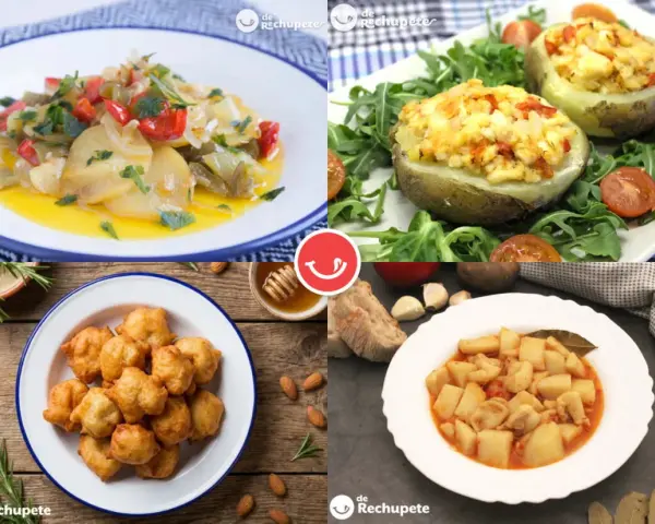 Cuatro deliciosas recetas con patatas: patatas guisadas, patatas rellenas, patatas fritas y patatas con verduras.