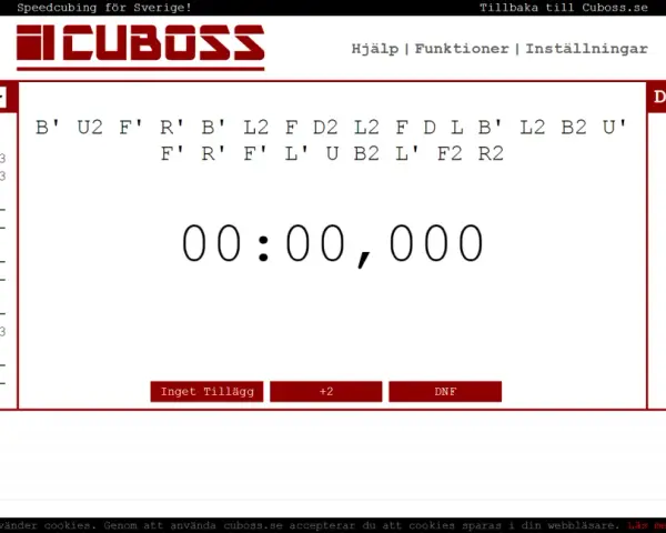En rubiks kub timer visar en tid på 00:00,000. Bredvid syns en lista med tider och en sekvens av drag.