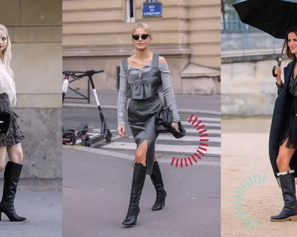 Tre donne sfoggiano eleganti stivali senza calze, completando look audaci e alla moda.