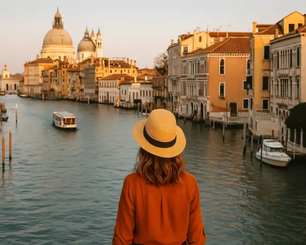 Una donna con cappello di paglia ammira il Canal Grande, un perfetto week end a Venezia.