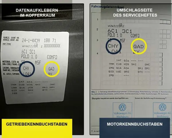 Aufkleber im Kofferraum und Serviceheft zeigen, wie man den **Getriebetyp herausfinden** kann. CHY und QAD sind die Kennbuchstaben.