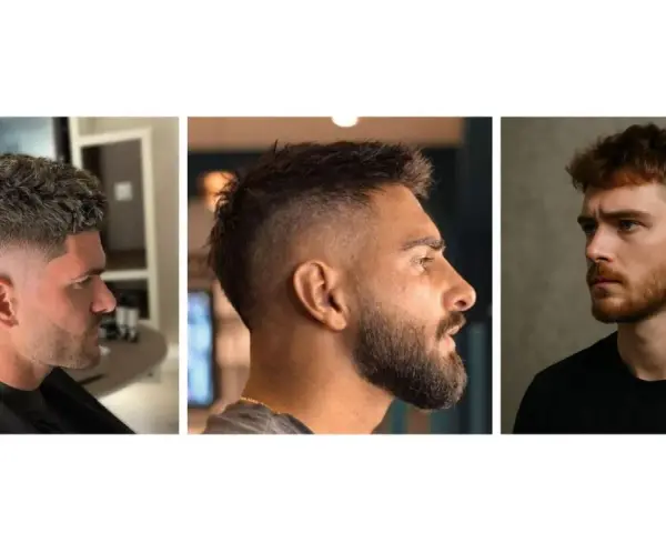 Tres hombres con cortes de pelo modernos. El de la izquierda tiene un mullet con degradado. El del medio, un degradado con barba. El de la derecha, un mullet con flequillo.