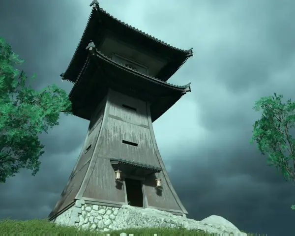 Torre de vigilancia de madera con tejados curvos, como los faros de Ghost of Tsushima, bajo un cielo tormentoso.