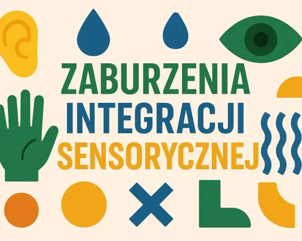 Grafika z napisem "Zaburzenia integracji sensorycznej". Obok symbole ucha, dłoni, kropli, oka, fal i kształtów geometrycznych.