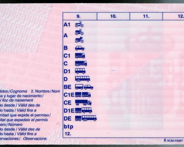 Permiso de conducción con categorías A1, A, B, C, D, BE, C1E, CE, D1E, DE, btp. Ideal para tu carnet b moto.