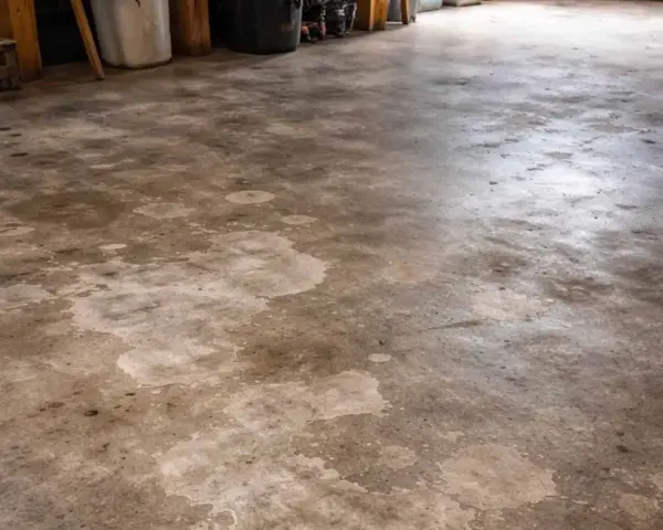 Pavimenti in cemento con macchie chiare, forse residui di acido muriatico dopo la pulizia.